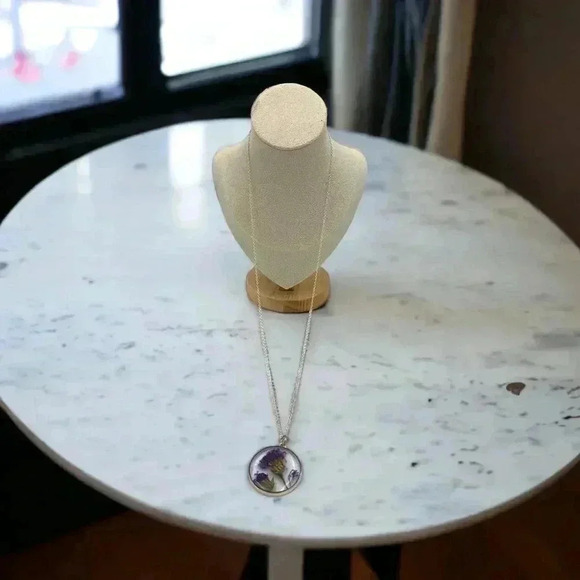 Floral Preservation Art-to-Wear Statement Necklace Forget Me Not Resin Pendant - Picture 3 of 7